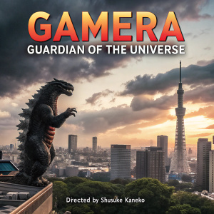 DVD cover featuring giant monster towering over Tokyo, Japanese film 'Gamera: Guardian of the Universe'. Directed by Shusuke Kaneko