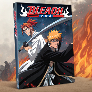 DVD cover for 'Bleach', anime series. Characters in intense battle poses, with detailed outfits and expressions, against a contrasting backdrop of flames and shadows, showcasing vibrant colors and dynamic illustration style.
