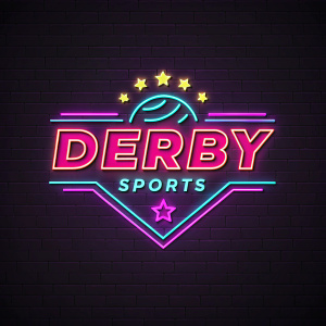 Derby Sport's vibrant logo design. Neon colors against dark gradient background.