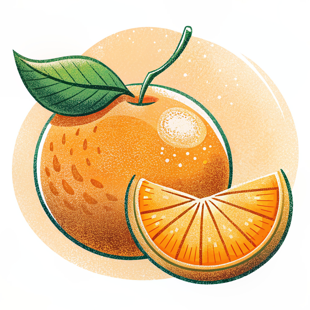An extremely minimalist and cute, hand-drawn style mandarin orange with a slice of mandarin orange.