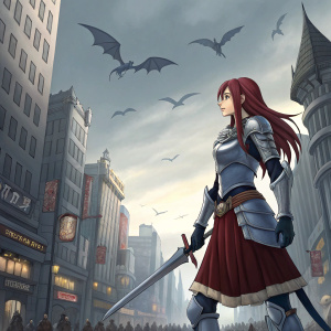 Erza Scarlet, from Fairy Tail, dressed in armor with a sword. Standing in a bustling fantasy city with tall buildings and flying dragons in the background.