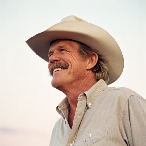 Nick Nolte, with his iconic mustache and a cowboy hat, smiles warmly against a plain, soft pastel background.