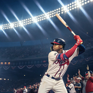 Ronald Acuna Jr., baseball star, Atlanta Braves, posing in batting stance. Bright stadium lights, crowd cheering
