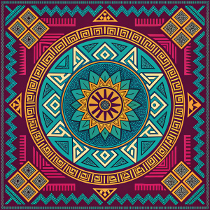 Digital background with intricate geometric patterns inspired by ancient Mayan textiles. Vibrant color palette featuring shades of turquoise, magenta, and gold.