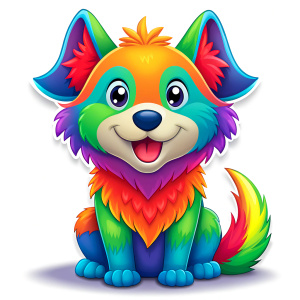A rainbow color dog  in the style of muppets animation,sticker vector design, white outlines,  white background
