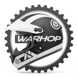 Warhop's logo showcases a sleek, modern design featuring a helmet encircled by a gear-like edge. The black and white color scheme emphasizes the brand's name, prominently displayed as a symbol of protection. Bold and contemporary aesthetic.