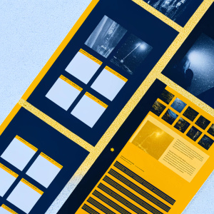 Majka Reinhardt's digital design portfolio. Modern and sleek, featuring black and gold colors. Structured layout with banners, modern fonts, and a mix of blurred and sharp images.