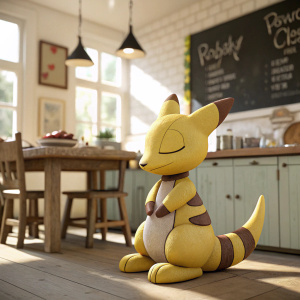 Close-up of Abra, the Pokémon, sitting in a cozy, brightly lit kitchen. Abra has a yellow body with brown accents. The kitchen has a rustic wooden table and chairs, with a chalkboard wall.