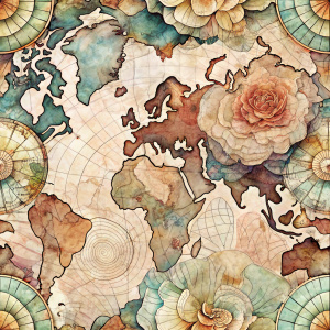RETRO elegNT style. vintage ephemera. 
     CHARTED ROUT WORLD MAP IN THE BACKGROUND     watercolor , SOFT VINTAGE  WARM  COLORS WIT NATURES TREASURES BLOOM PETALS