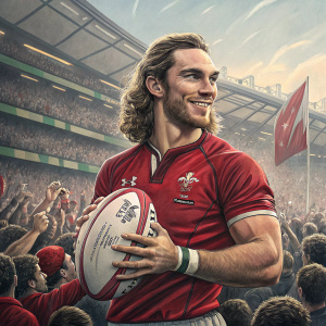 George North, rugby star, posing with a smug look. Crowded stadium background.