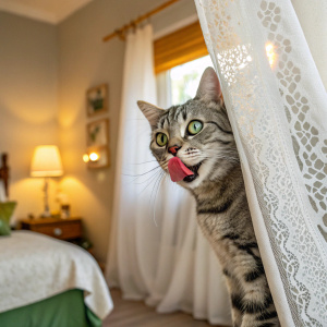 A playful gray tabby cat with green eyes sticking its tongue out, peeking from behind a white lace curtain in a cozy bedroom.