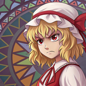 Close-up of Flandre Scarlet from Touhou Project. Pale skin, curly blonde hair, intense and angry expression. Background features intricate, colorful geometric patterns.