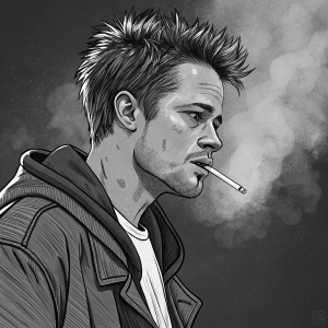 Tyler Durden, character from 'Fight Club', illustrated in a comic style. Black and white graphic novel, cigarette in hand, rugged face, spiky hair. Background is a dark, smoky effect.