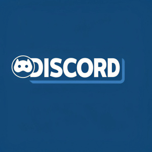Modern graphic logo design for Discord. Blue background with bold, white capitalized font spelling DISCORD. Simple graphic emblem featuring a cartoon-like face design