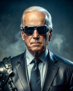 Joe Biden in a terminator outfit and goggles