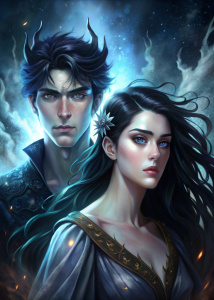 black long hair young handome hades and young beautiful black hair persephone, dark