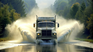 1978 Mack truck, front view, on the road, going trough a puddle, splashing a lot of water