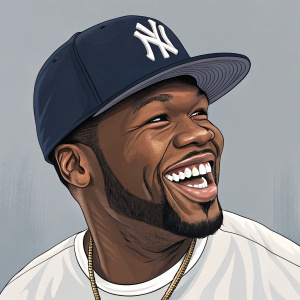 Digital illustration of 50 Cent's caricature. Big smile, detailed facial features. Wearing NY Yankees cap. Gray background