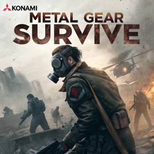 Cover art for Metal Gear Survive. Protagonist in gas mask, intense combat scene. Gray and brown color palette. Konami logo prominent.