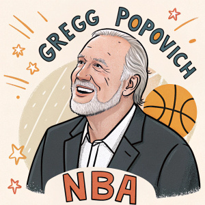 Cartoon illustration of Gregg Popovich, San Antonio Spurs coach. Smiling face, NBA text elements surrounding him.