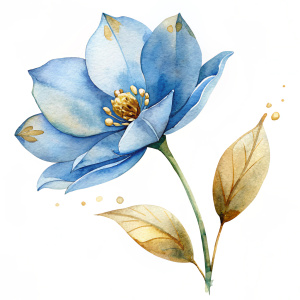 Watercolor clipart transparent stem of a pale blue flower with gold, on a white background