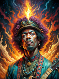 Jimi hendrix is a voodoo shaman with a guitar and burning eyes
