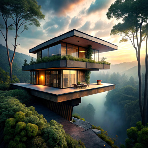 A modern vernacular house that has a fractal floor plan, located on the edge of a hill, in Bogor peak, with a misty sunset atmosphere, immersive photography, and a fish eye camera effect. The house is surrounded by lush greenery and has a wooden deck overlooking the valley. The infinity pool is on the side of the house facing the valley and has a glass railing. rainy efect, The house is more simple and blends with the contour.