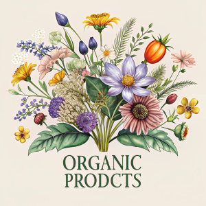 Logo natural con flopres silvestres con el nombre ORGANIC products
