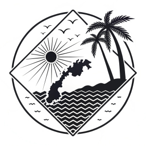 TORTOLA logo. Map silhouette of Tortola with sun rays, black and white flat design.