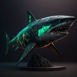 Digital artwork featuring a colossal shark sculpture. The sculpture is intricately designed with a dark, glossy finish, showcasing vibrant hues of black and green. The shark's sleek muscles and razor-sharp teeth are highlighted by a metallic sheen, giving it an eerie yet captivating appearance.