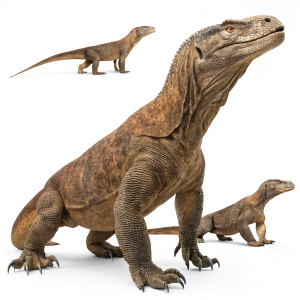 Detailed and realistic digital illustration of Komodo dragon anatomy. Depicting multiple growth stages from youthful slender forms to mature robust dragons. High detail with focus on body structure and unique features. Earthy color palette emphasizing brown shades.