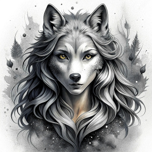 Nordic Godness Ylva She-Wolf - perfect realistic art, high-definition grey and black, white background tattoo design