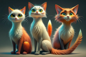 Four stylized hairy feral cats with elongated bodies and large, expressive eyes, standing in a row. Each cat has a different color and size.
They are artistically represented, with long, thin bodies, and large, round eyes.
One is tall yellow that stands out in the center.
Another smaller orange-red on the right.
Their eyes are disproportionately large compared to their bodies, giving them a cartoonish appearance.
The background is darkand features raindrops falling vertically