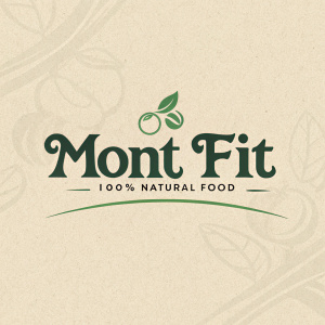 Branding for Mont Fit, green text against a beige background. '100% Natural Food' slogan below 'Mont Fit'.