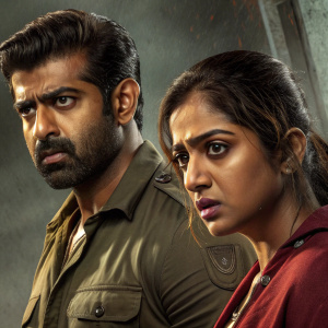 Film poster featuring Arun Vijay and an actress, intense looks, Tamil movie, gritty backdrop, directed by Magizh Thirumeni