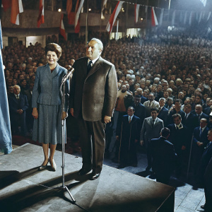 Mikhail Gorbachev and Raisa Gorbacheva at a bustling political rally. Sea of formal attire.