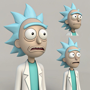 A digital illustration featuring Rick Sanchez from Rick and Morty. Multiple 3D renderings showcasing various facial expressions and poses. Set against a plain, neutral background.