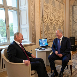 Vladimir Putin and Benjamin Netanyahu laughing together. Diplomatic meeting in a room with ornate wallpaper and high-tech decor.