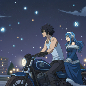 Digital illustration showcasing Gray Fullbuster and Juvia Lockser from the world of Fairy Tail. Gray, shirtless, with short black hair, rides a sleek ice-themed motorcycle. Juvia, with a serene yet playful look, stands beside him. Nighttime backdrop filled with twinkling stars and soft city lights.