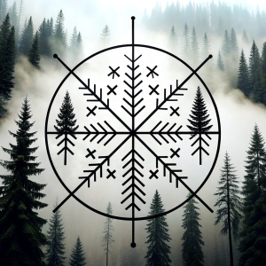 vegvisir geometric symbols - ragnar and trees - tattoo design - perfect realistic art - high-definition - grey and black - white background 