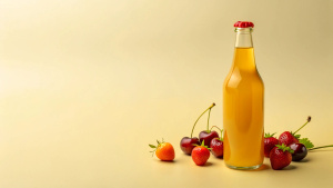 Tropical soft drink bottle concept design. Yellow color scheme theme design, some cut cherries and strawberries next to the bottle, lighting, cinematic, solid, realistic