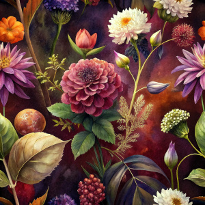 DARK BROWN  background botanic  , watercolor image with dark brown   background , brown  VIBURNUM  , CRASPEDIA , PROTEA , clay brown ASTRANTIA  ,DYED SOLIDAGO,NERINE, , brown ALLIUM, iris  , iris,poppy ,aster,ixora,jasmine ,anemone ,hollyhock ,orchid ,CORTADERIA ,BRASSICA,DAUCUS ,snapdragon,celosla,gladiolus,vinca , achillea   ,astrantia ,LATHYRUS,  achillea, physalis , watercolor, dark brown  background FOR WRAPPING PAPER
