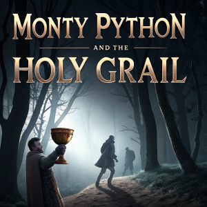 Movie poster for 'Monty Python and the Holy Grail'. Dark forest background, hand holding the holy grail, surrounded by mysterious figures