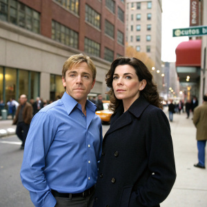 Ron Eldard and Julianna Margulies, from the TV show 'ER', stand outside a bustling city hospital. Ron in a blue button-down shirt, Julianna in a black coat. Crowded street backdrop.