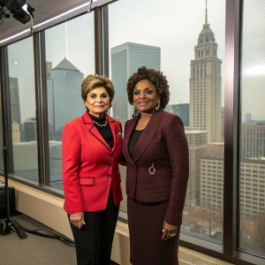 Legal advocate Gloria Allred with Faith Rodgers. Both are in a soundproof room. Large window behind them showing city skyline. Professional photo shoot setup