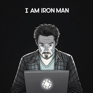 A digital sketch of Tony Stark. Sitting in front of a glowing laptop screen. Words 'I AM IRON MAN' appear above the screen. Minimalist design with a solid black background