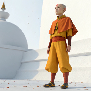 3D digital art of Aang from Avatar: The Last Airbender, traditional outfit in orange and yellow, calm expression, set against minimalist white backdrop.
