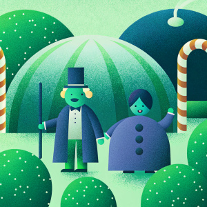 Willy Wonka and Violet Beauregarde in a vibrant, colorful cartoon scene. They are at the chocolate factory, amidst whimsical sweets and candies.