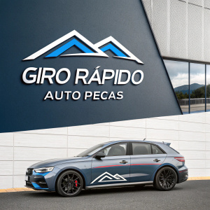 Four sleek logo concepts for Giro Rápido - Auto Pecas. Each design integrates bold, contemporary shapes in shades of gray and blue. Clear typography stands out against minimalist backgrounds, emphasizing the brand name.