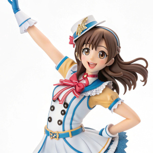 Reika Kitakami figure from The Idolmaster Million Live! Happy expression, waving, dynamic pose, detailed PVC design. White background.